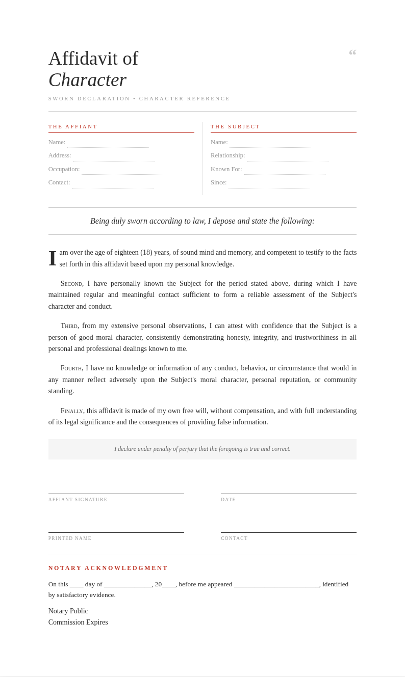 Editorial Magazine Affidavit of Character